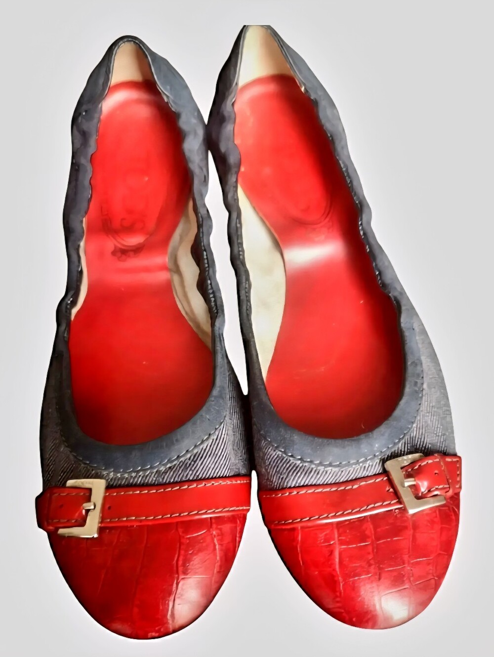 Tod's Red and Denim Blue Croc-Accent Ballet Flats 9.5